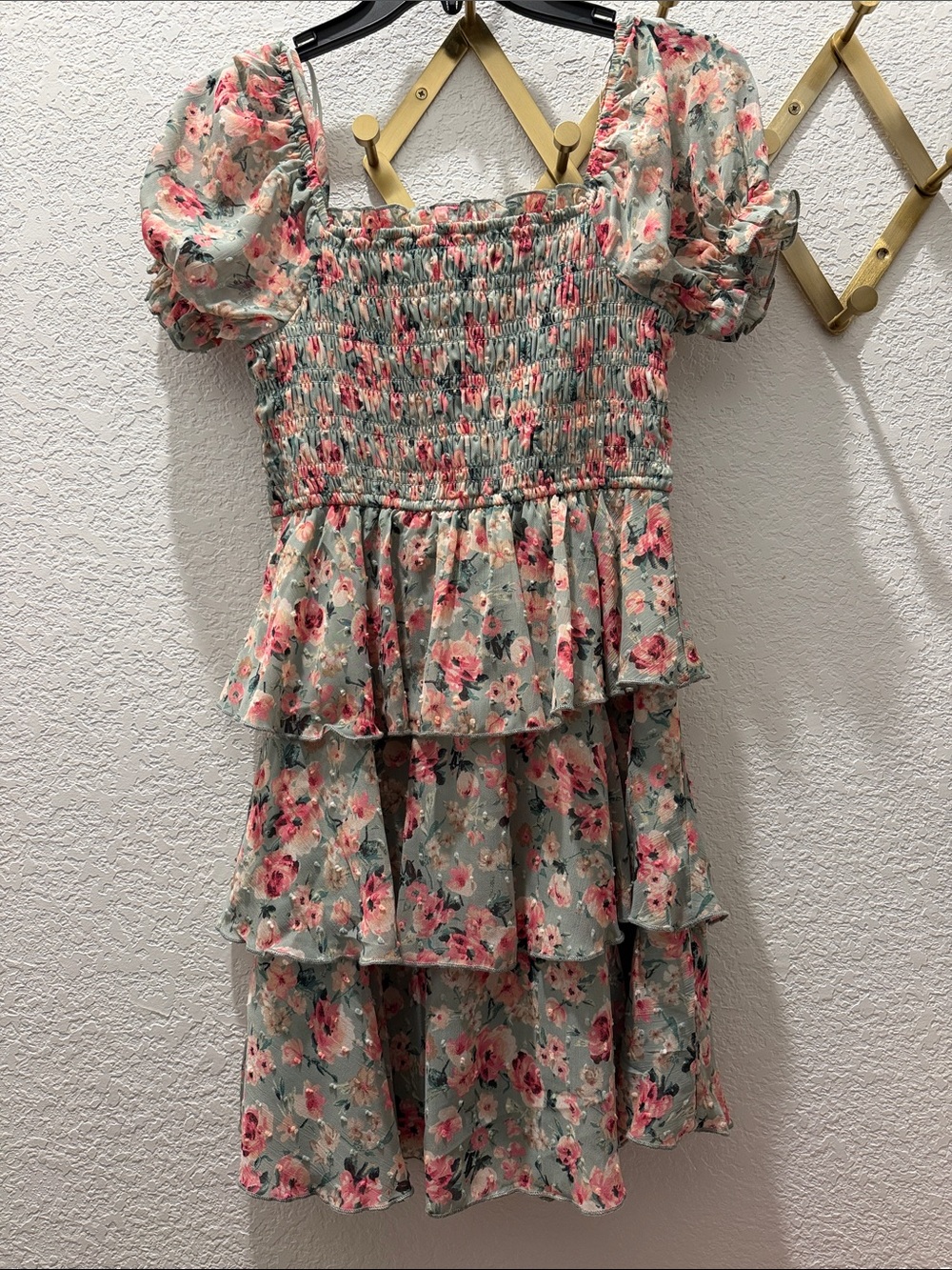 Smocked Tiered Floral Dress for Girls in Mint and Pink